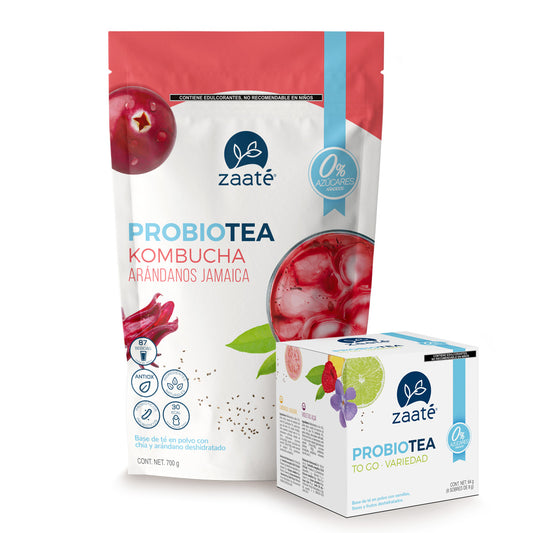 Kombucha Arándanos Jamaica 0% +  1 Caja To Go 8 sachets individuales